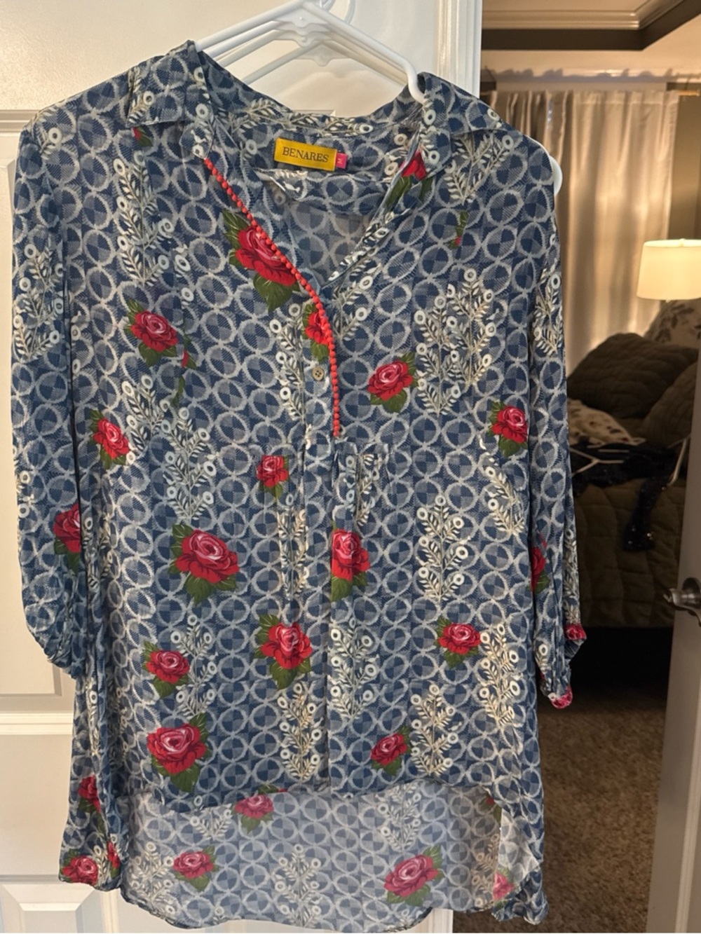 Benares Blue Patterned Women's Blouse - Lightweight V-Neck